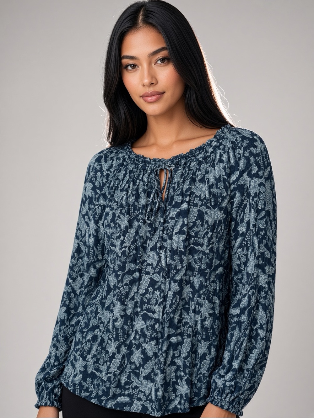 Women's Navy Floral Peasant Blouse with Tie Neck